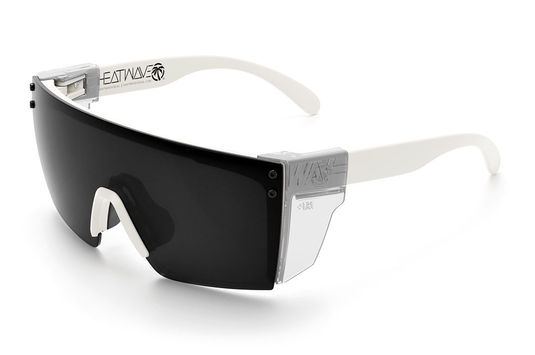 Heat Wave Visual Lazer Face Z87 Sunglasses with white frame, black lens and clear side shields.