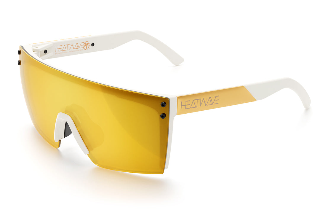 Heat Wave Visual Lazer Face Sunglasses with white frame, gold metal arms and gold lens.