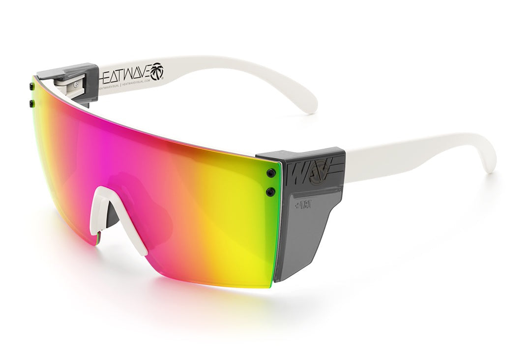 Heat Wave Visual Lazer Face Z87 Sunglasses with white frame, spectrum pink yellow lens and smoke side shields.