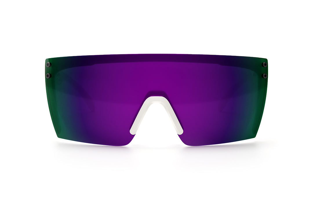 Front view of Heat Wave Visual Lazer Face Z87 Sunglasses with white frame and ultra violet lens.