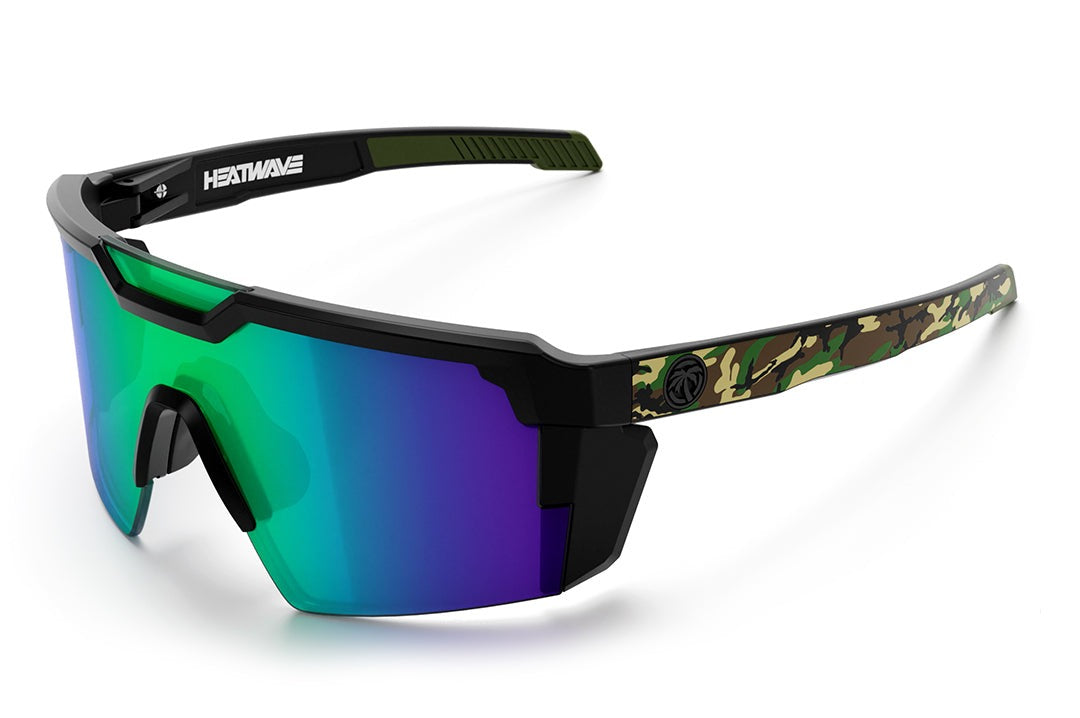 Heat Wave Visual Future Tech Sunglasses with black frame, camo print arms and piff green lens.
