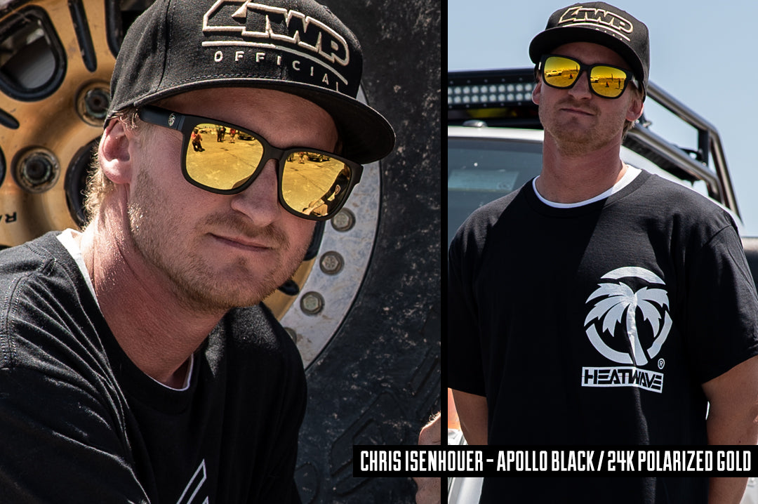 Truck racer Chris Isenhour wearing Heat Wave Visual Apollo Sunglasses with black frame and gold lenses.
