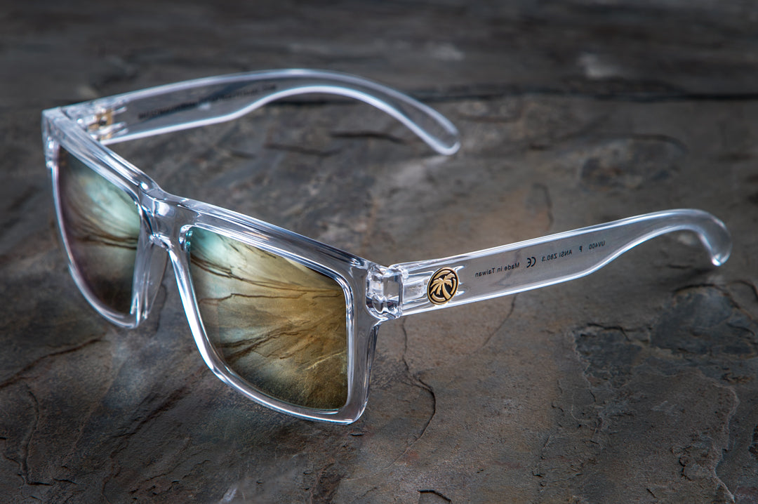 Heat Wave Visual Clear Vise Sunglasses lying on a rock.