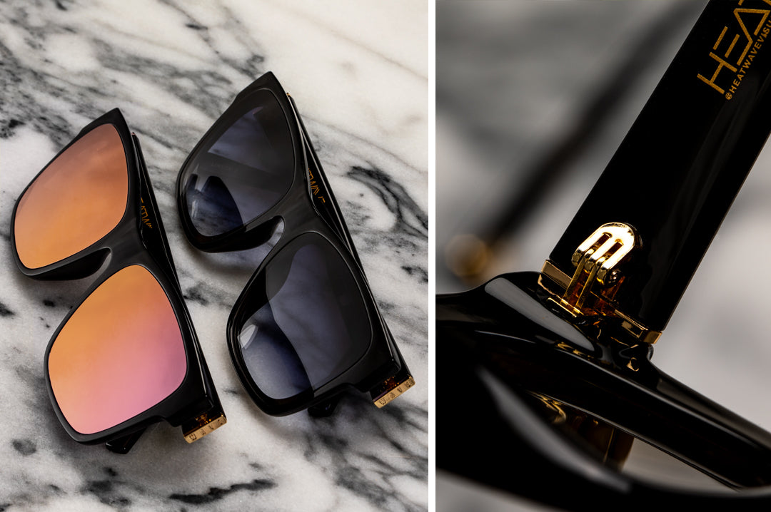 Close up showing metal hinge of Heat Wave Visual Womens Marylin Sunglasses with black frame.