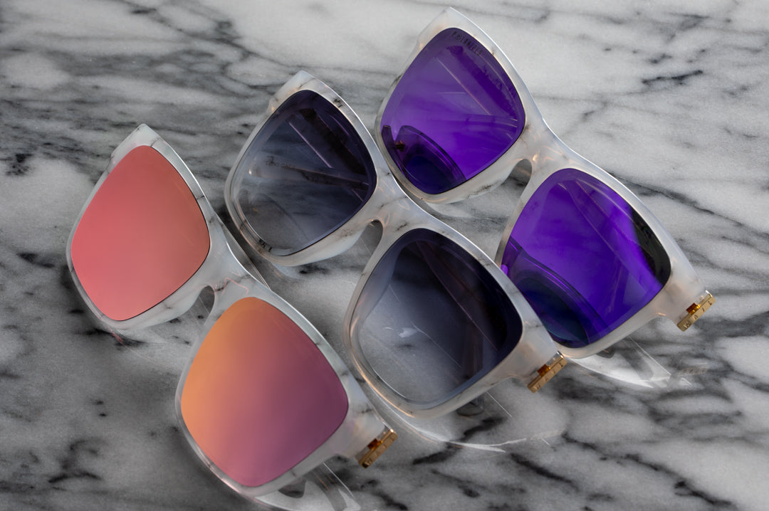 3 pairs of Heat Wave Visual Womens Marylin Sunglasses with marble frame.