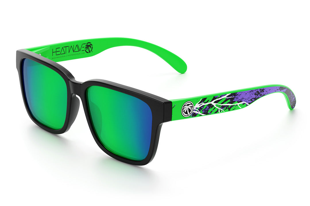 Heat Wave Visual Apollo Sunglasses with black frame, green and purple print arms and piff green lenses.