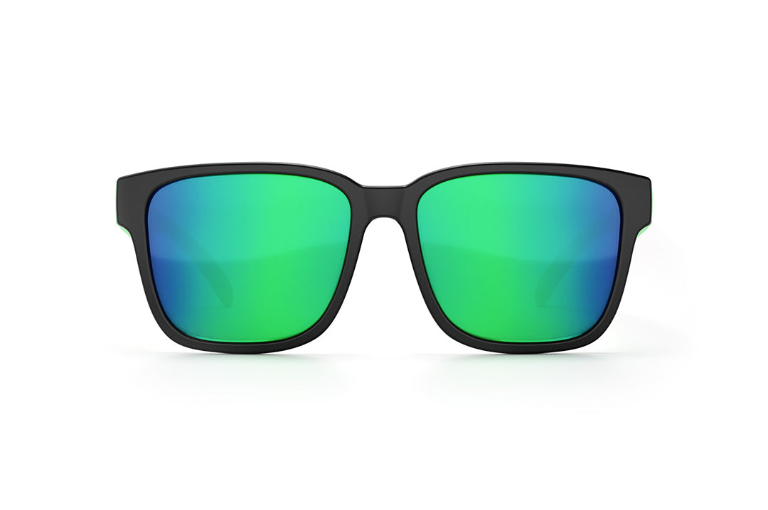 Front of Heat Wave Visual Apollo Sunglasses with black frame, green and purple print arms and piff green lens.