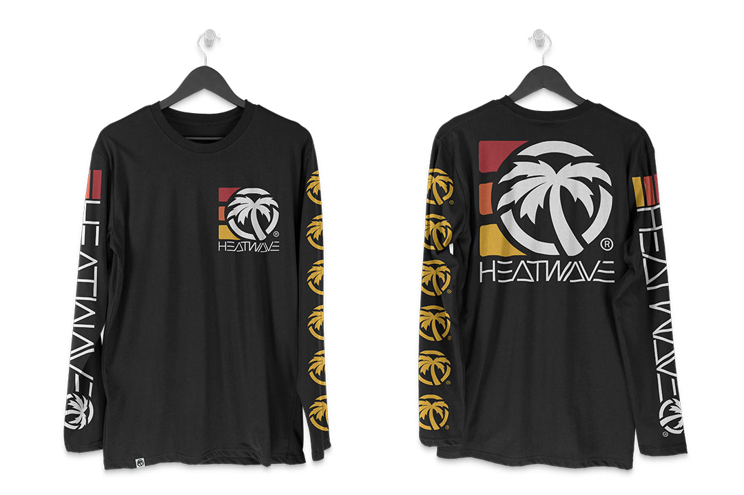 Front and back of the Heat Wave 3 Stripe Long Sleeve T-Shirt - Black on a white background