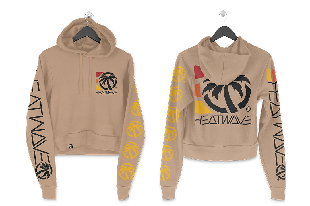 Front and back of the Heat Wave 3 Stripe Ladies Hoodie - Sandstone on a white background