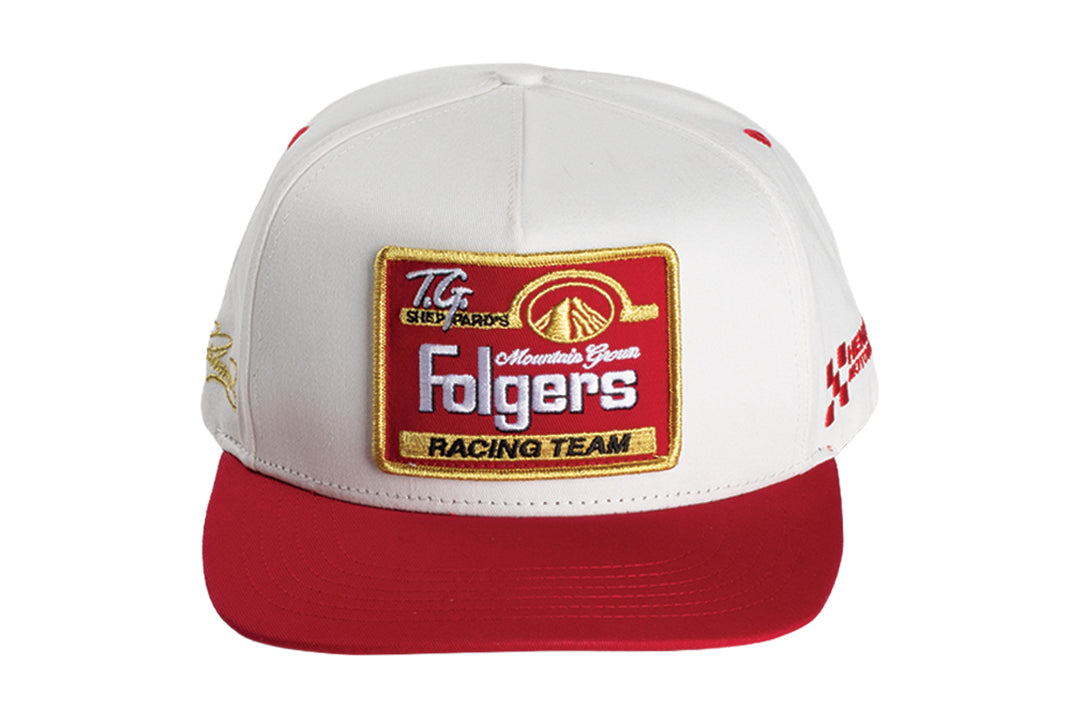 Front angle shot of the HWV 5 Panel Hat: Hendrick Motorsports | Tim Richmond 25 Folgers on a white background