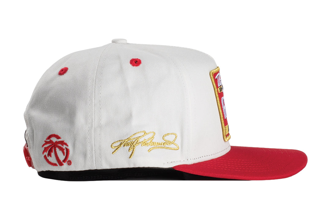 Side angle shot of the HWV 5 Panel Hat: Hendrick Motorsports | Tim Richmond 25 Folgers on a white background