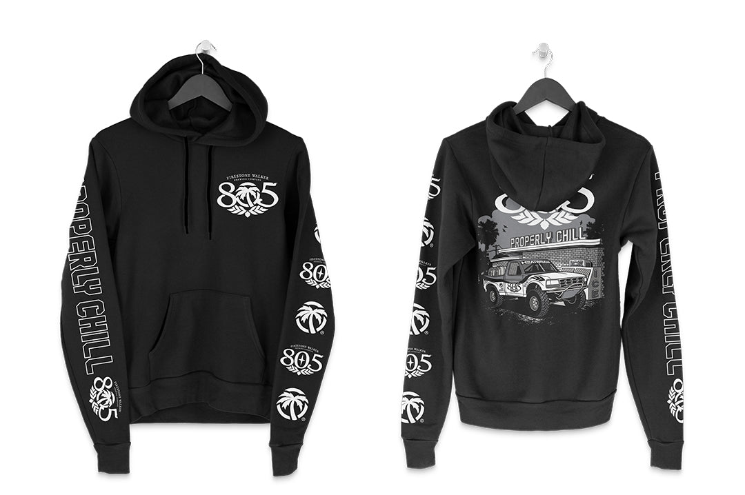Front and backside of the Heat Wave x 805 Properly Chill Hoodie - Black on a white background