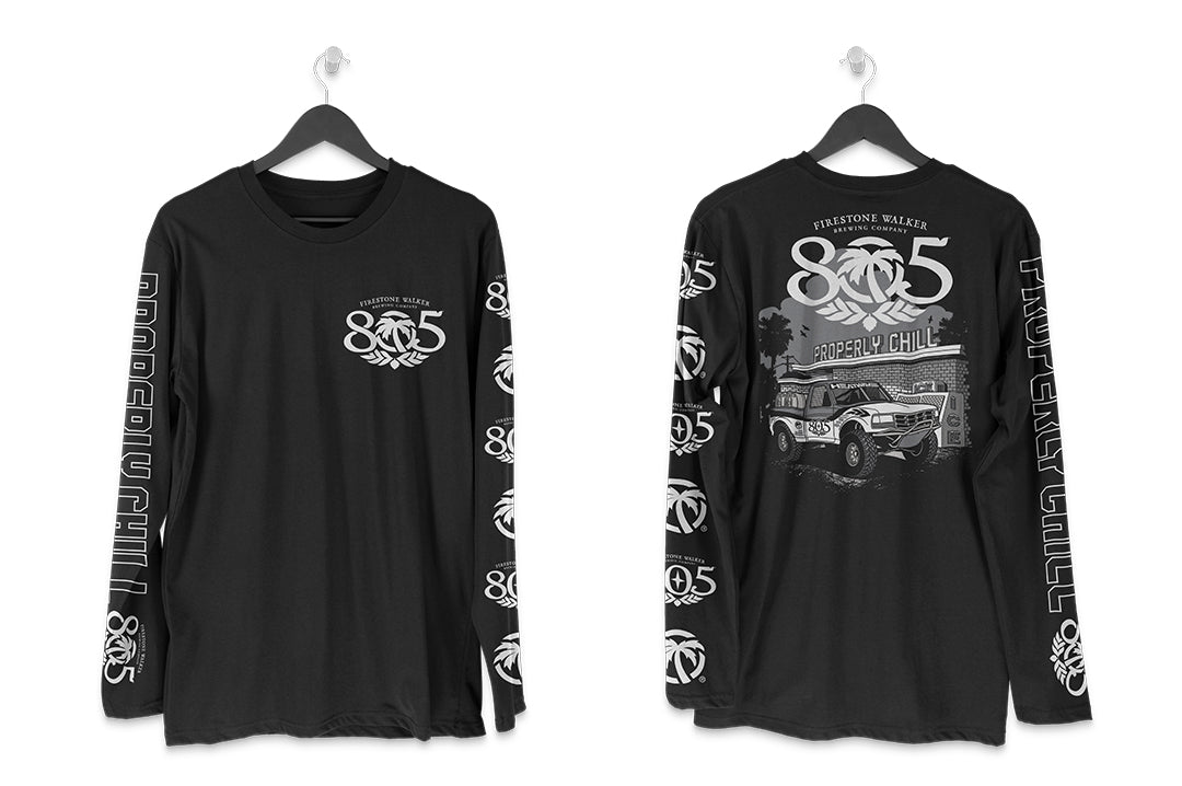 Front and back of the Heat Wave x 805 Properly Chill Long Sleeve T-Shirt - Black on a white background
