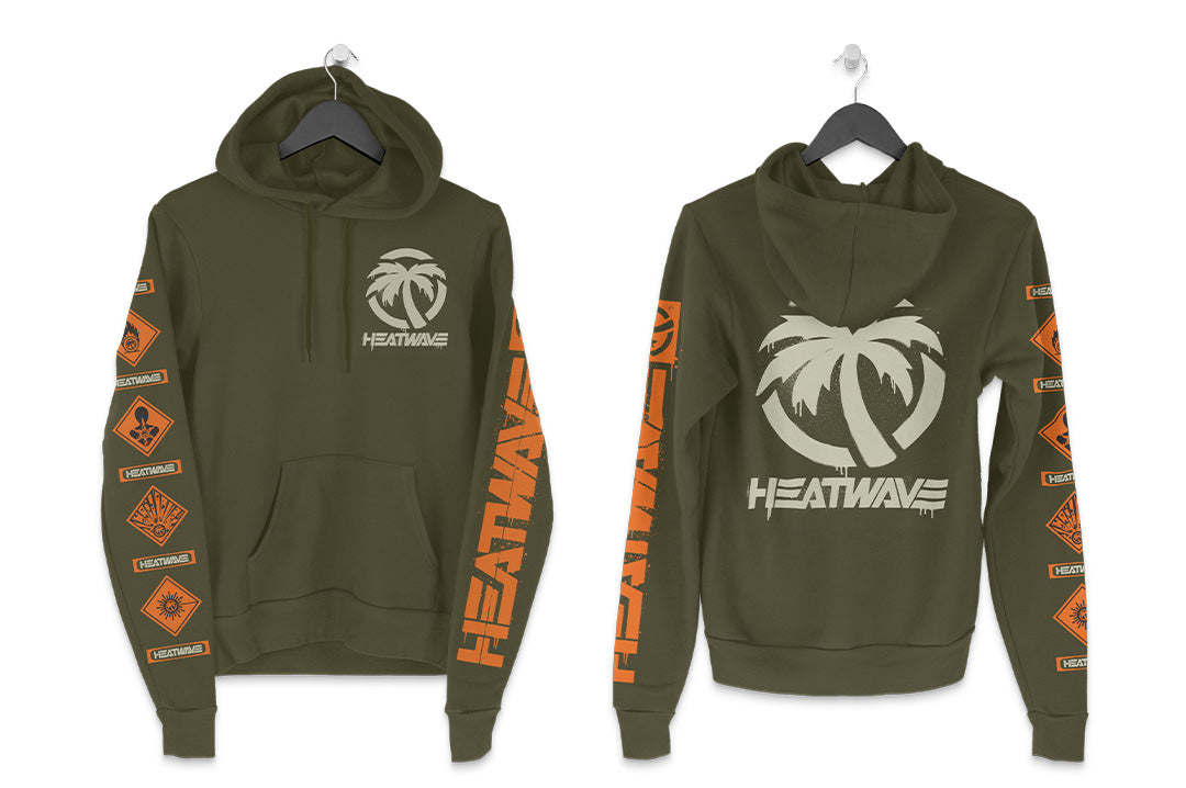 Heat Wave Visual Ammo Can Green Sweatshirt with spray paint palm tree logo.