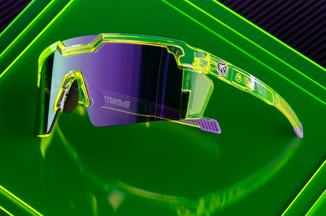 3/4 angle shot of the Future Tech Sunglasses: Antifreeze Z87+ on a neon green platform