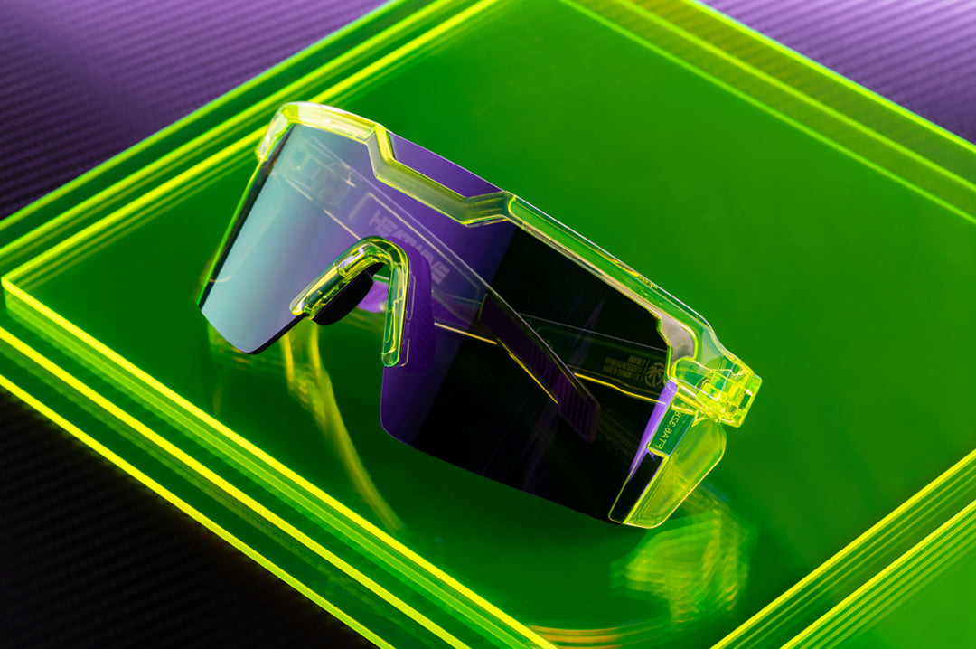 Front angle shot of the Future Tech Sunglasses: Antifreeze Z87+ on a neon green platform