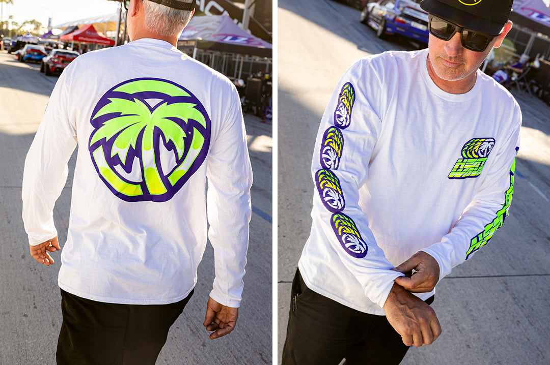 Man wearing the Heat Wave Antifreeze UPF Long Sleeve T-Shirt showing the front and backside