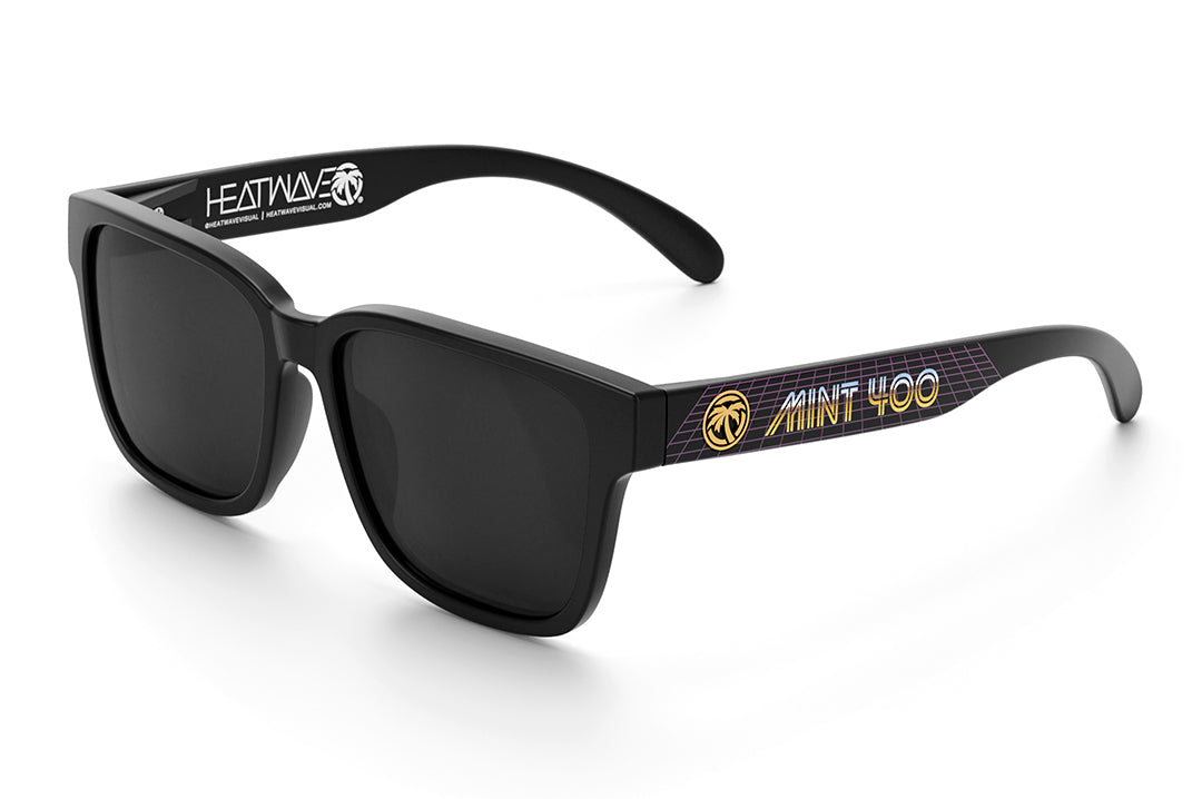Heat Wave Visual Apollo Sunglasses with black frame, mint 400 print arms and black lenses.