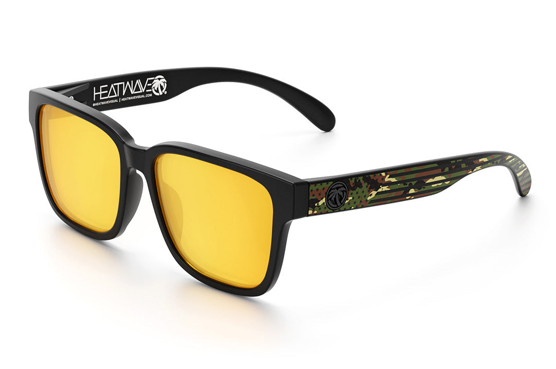 Heat Wave Visual Apollo Sunglasses with black frame, camocom arms and gold lenses.