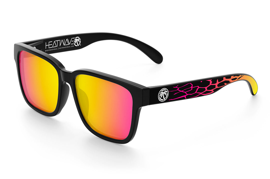 Heat Wave Visual Apollo Sunglasses with black frame, core print arms and tropic yellow pink lenses.