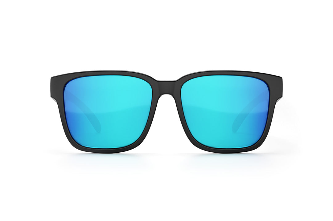 Front of Heat Wave Visual Apollo Sunglasses with black frame and galaxy blue lens.