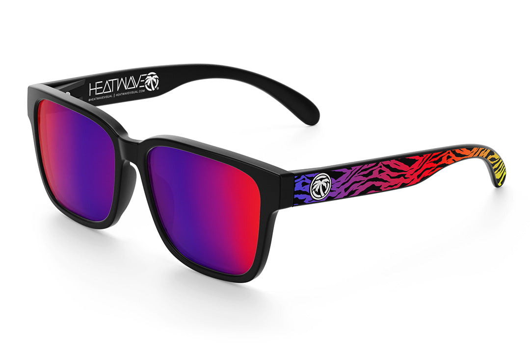 Heat Wave Visual Apollo Sunglasses with black frame, neo safari print arms and atmosphere red blue lenses.