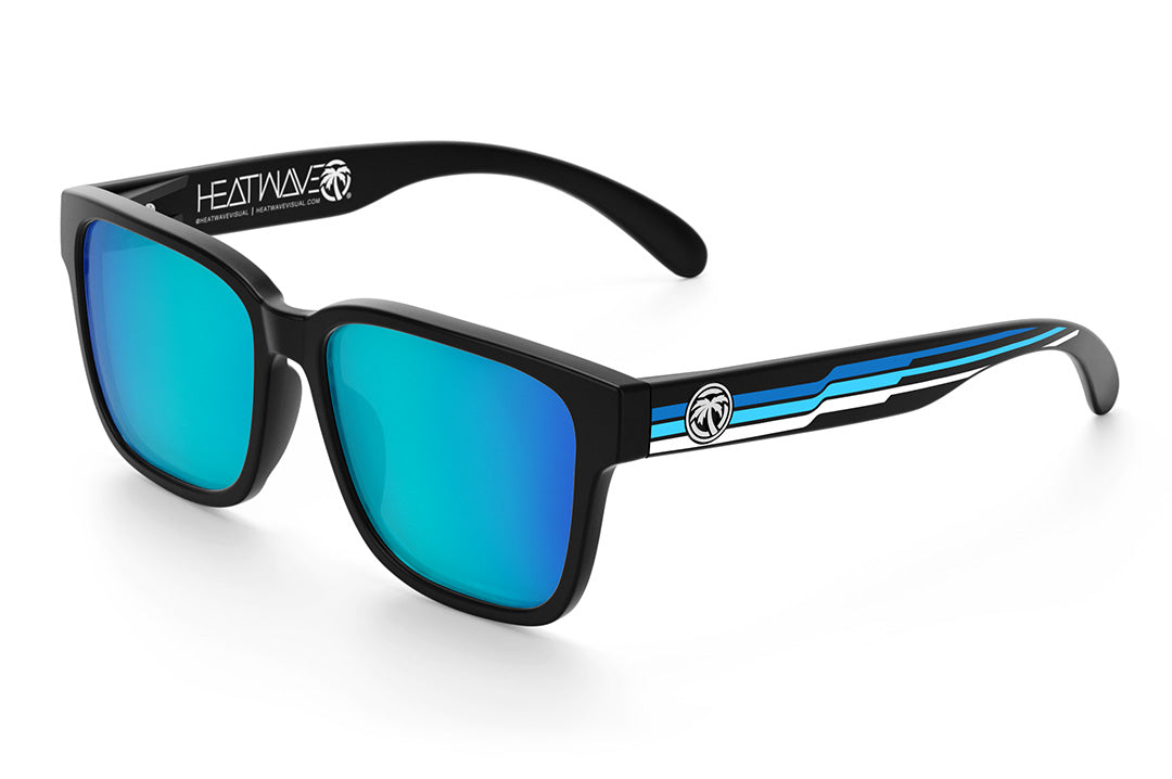 Heat Wave Visual Apollo Sunglasses with black frame, side stripe blue print arms and galaxy blue lenses.