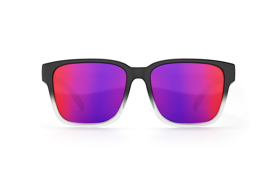 Front of Heat Wave Visual Apollo Sunglasses with clear and black frame and atmosphere blue red lenses.