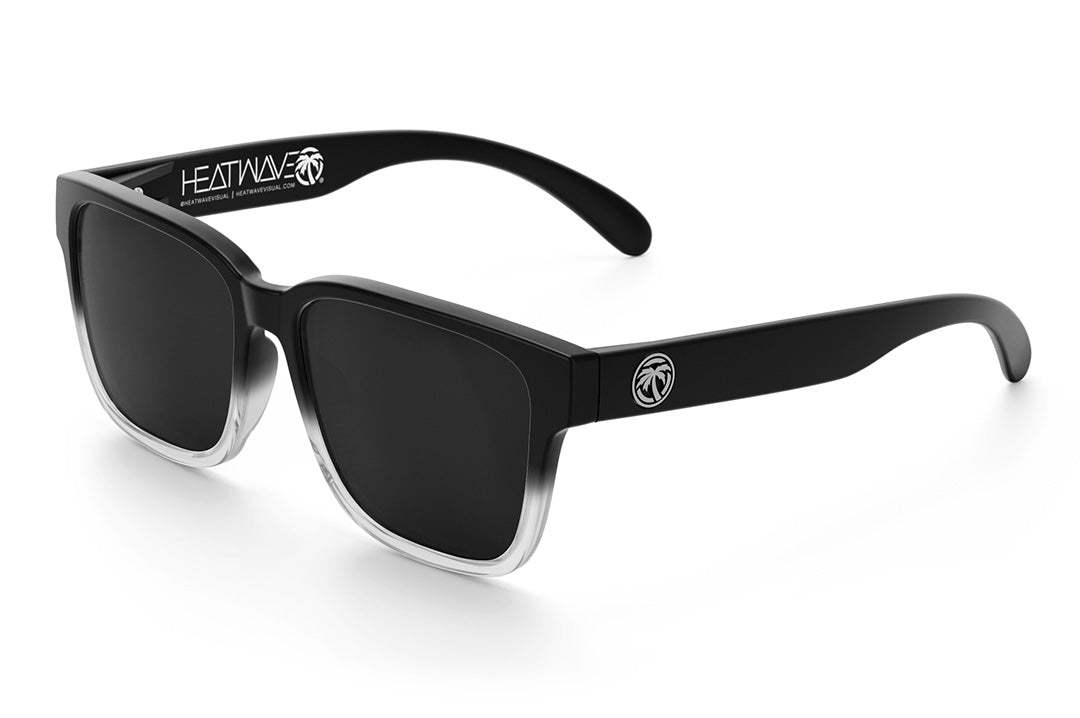 Heat Wave Visual Apollo Sunglasses with vapor fader frame, black lenses and silver emblem. 