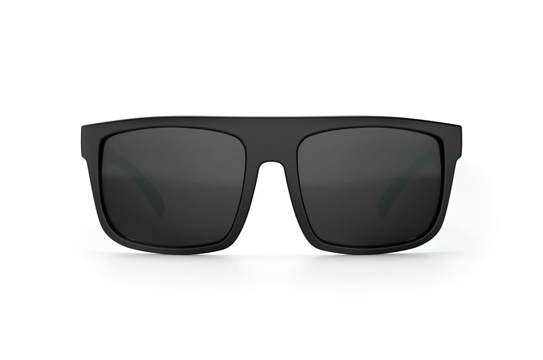 Front of Heat Wave Visual Regulator Sunglasses with black frame, aqua splash print arms and black lenses.
