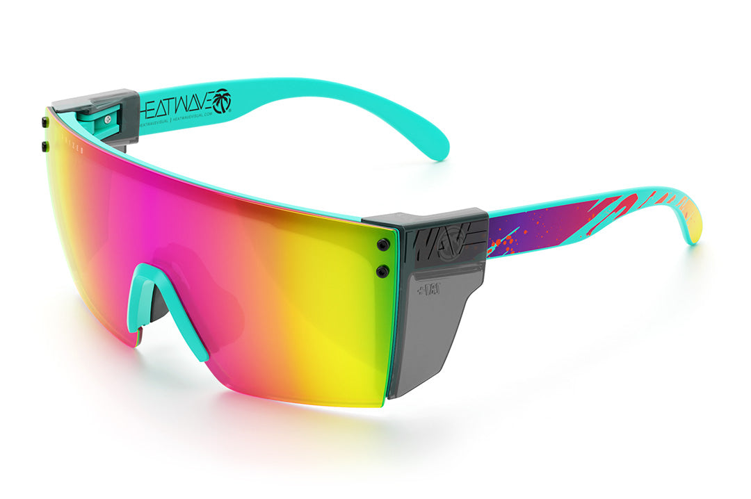 Heat Wave Visual Lazer Face Z87 Sunglasses with aqua frame, aqua splash print arms, polarized spectrum pink yellow lens and smoke side shields. 