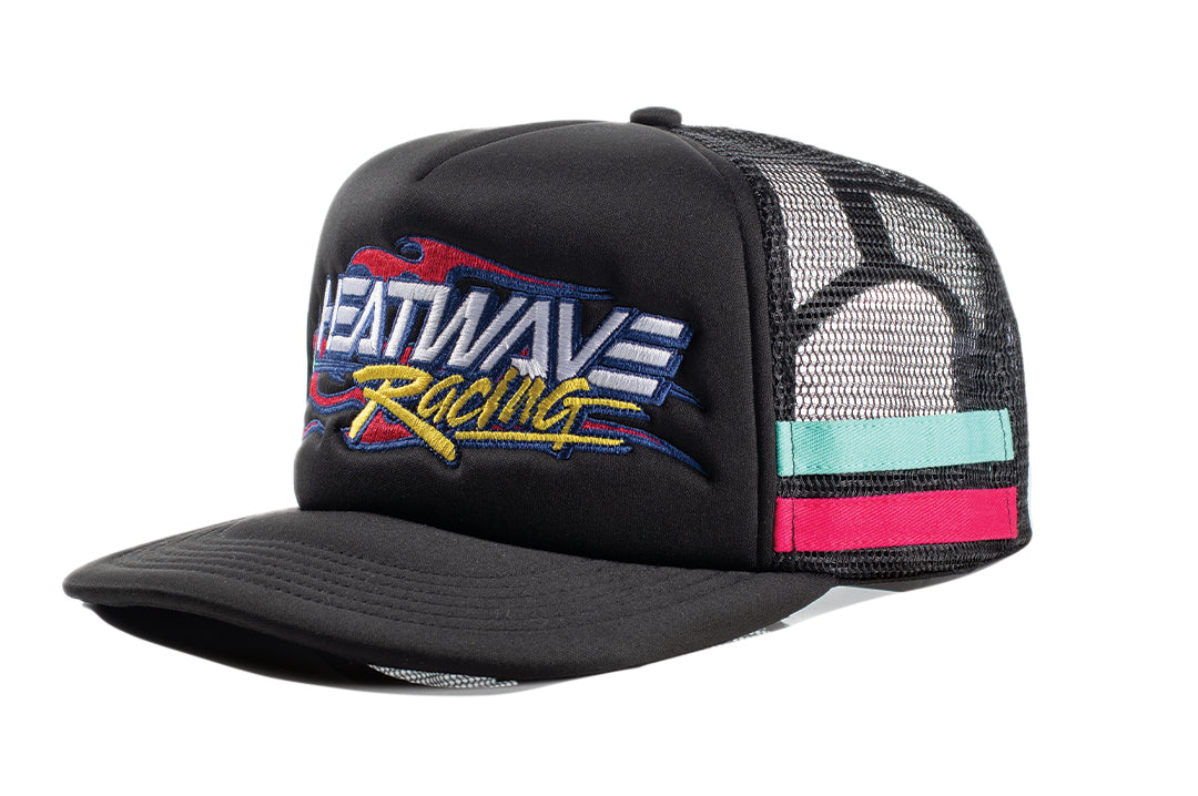 Black Heat Wave Y2K Racing Hat on a white background.