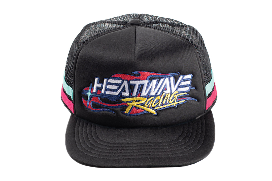 Top view of the Black Heat Wave Y2K Racing Hat on a white background.
