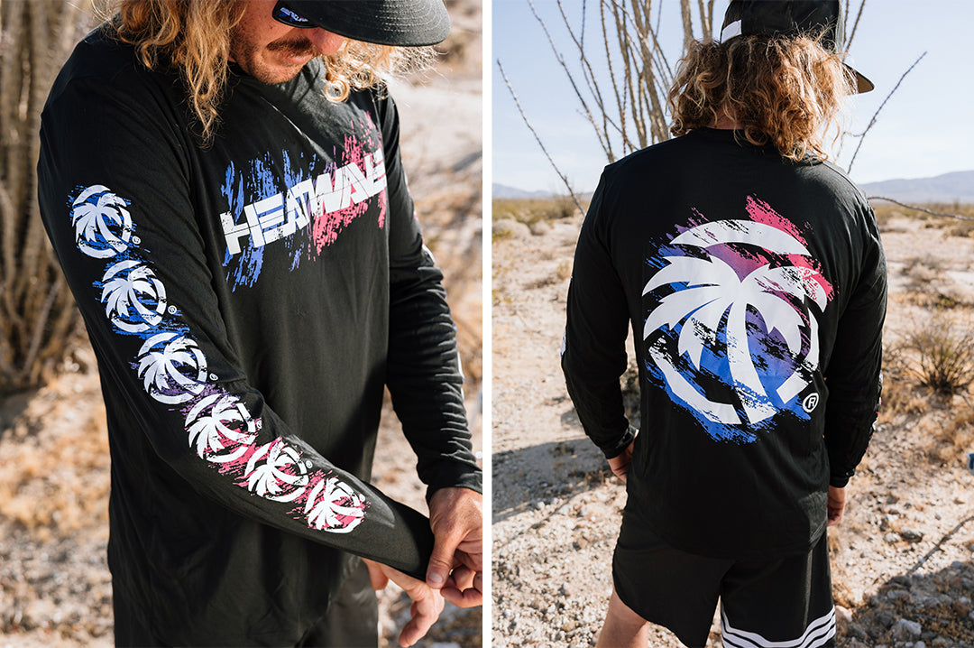 Man wearing the Heat Wave Baja Nights UPF 50 Long Sleeve T-Shirt outside