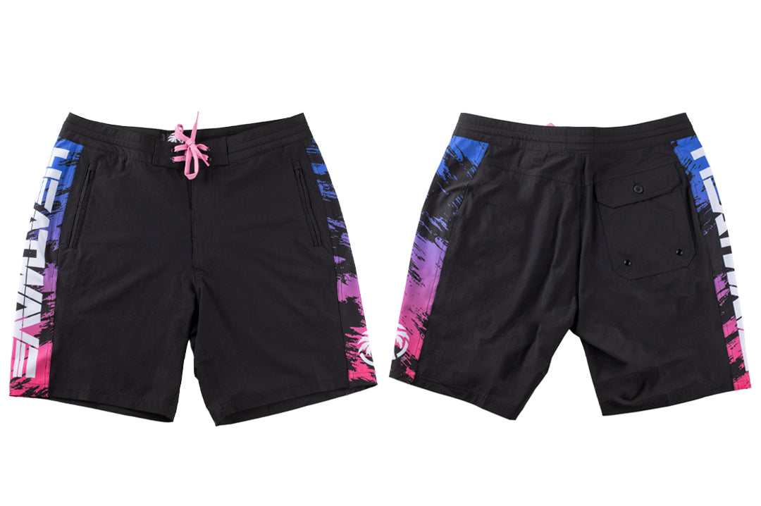 Front and backside of the Heat Wave Baja Nights Hybrid Shorts on a white background