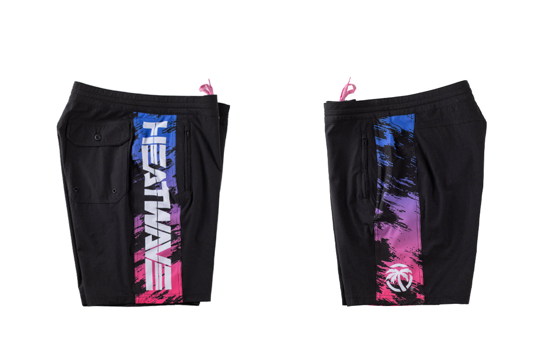 Right and left side of the Heat Wave Baja Nights Hybrid Shorts on a whitebackground