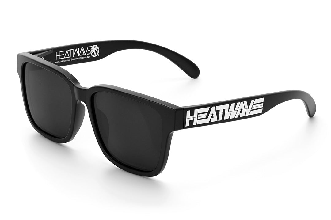Heat Wave Visual Apollo Sunglasses with black frame, white billoard logo print arms and black lens.