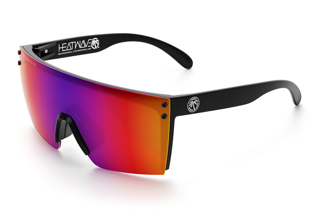 Heat Wave Visual Lazer Face Z87 Sunglasses with black frame and polarized atmosphere red blue lens.