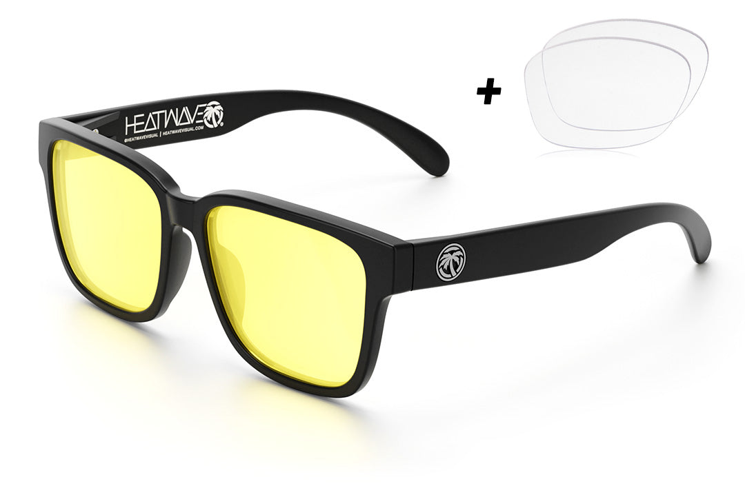 Heat Wave Visual Apollo Sunglasses with black frame, hi vis yellow lenses and clear lenses.