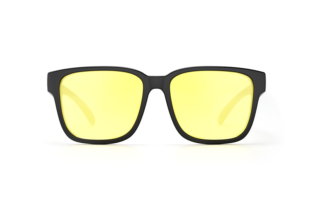 Front of Heat Wave Visual Apollo Sunglasses with black frame and hi vis yellow lenses.