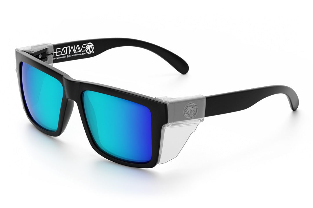 Heat Wave Visual Vise Z87 Sunglasses with black frame, galaxy blue lenses and clear side shields.