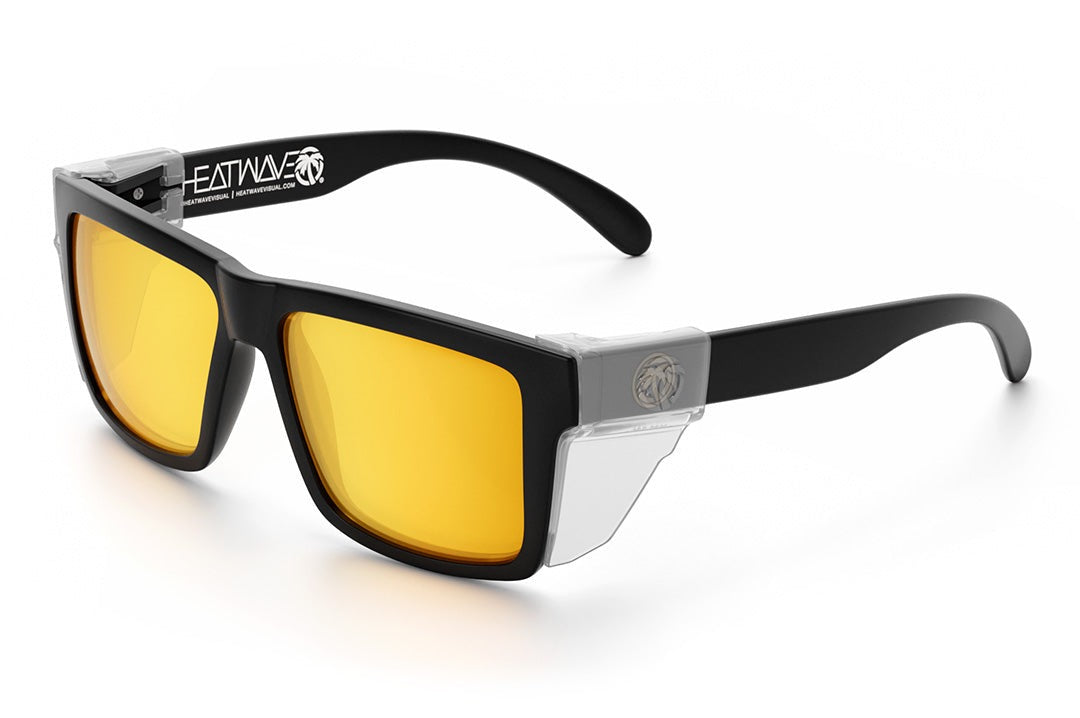 Heat Wave Visual Vise Z87 Sunglasses with black frame, gold lenses and clear side shields.