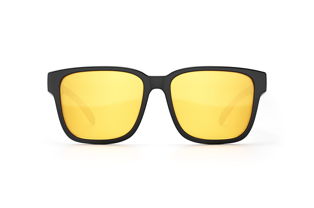 Front of Heat Wave Visual Apollo Sunglasses with black frame and gold lenses.