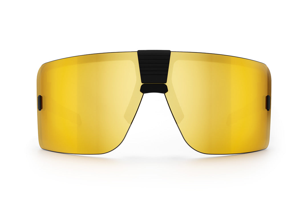 Front of Heat Wave Visual XL Vector Sunglasses with black frame and gold lens.