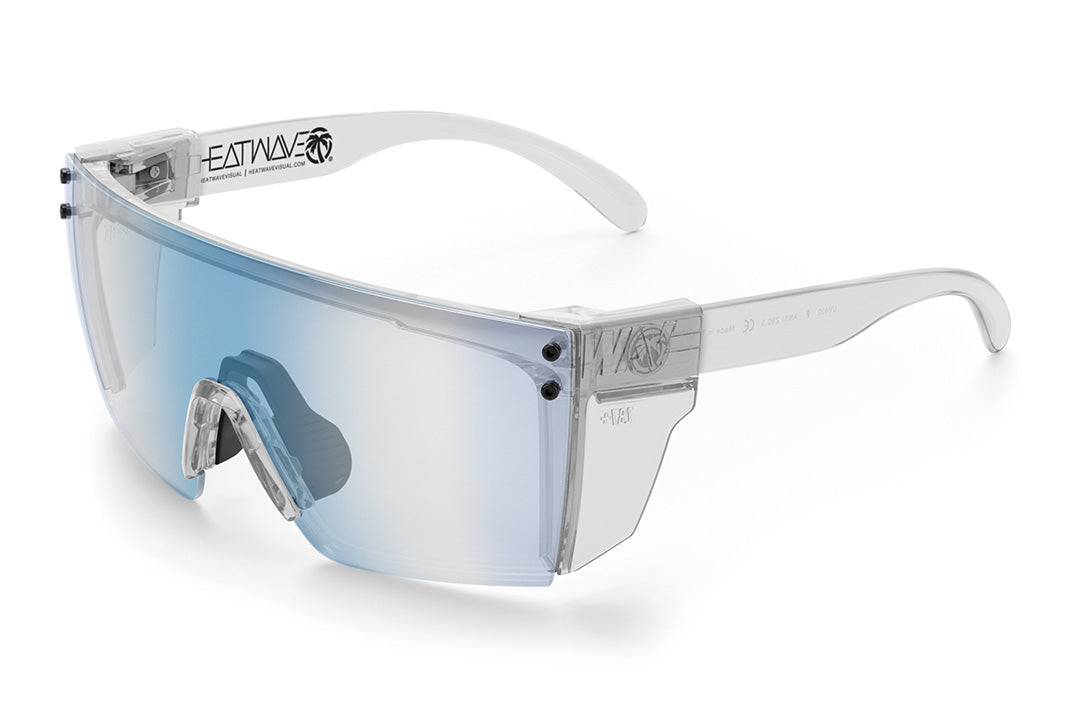 Heat Wave Visual Lazer Face Z87 Sunglasses with clear frame, black nose piece, clear blue blocker lens and clear side shields.