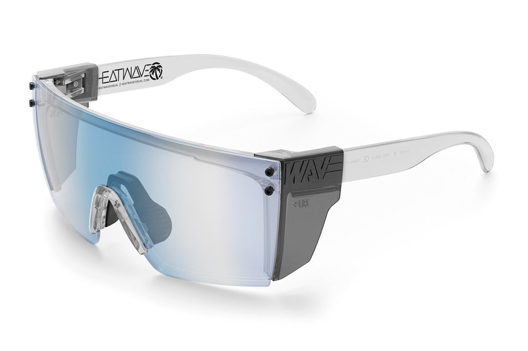 Heat Wave Visual Lazer Face Z87 Sunglasses with clear frame, black nose piece, clear blue blocker lens and smoke side shields.