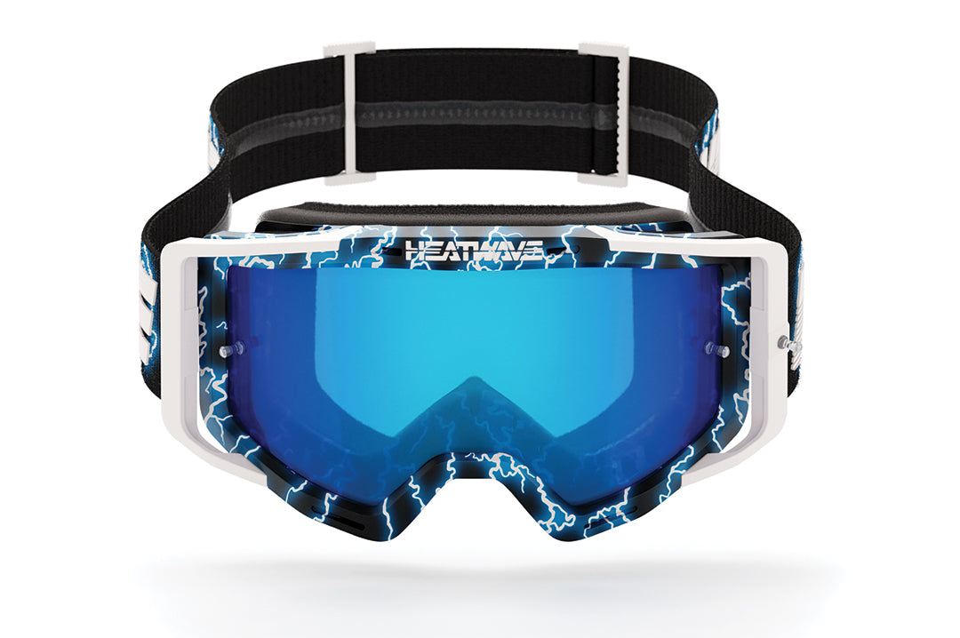 Heat Wave Visual MXG 250 Motosport Goggle in the Lightning color way with the Galaxy Blue Mirror lens.