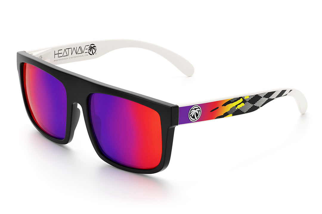 Heat Wave Visual Regulator Sunglasses with black frame with racing themed print arms and atmosphere blue red lenses.