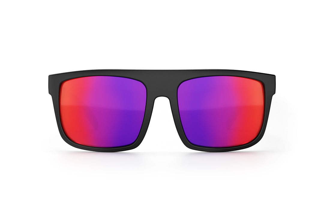 Front of Heat Wave Visual Regulator Sunglasses with black frame with racing themed print arms and atmosphere blue red lenses.