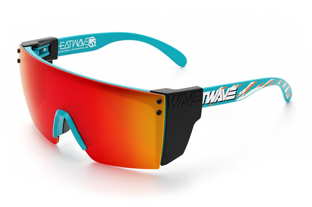 Heat Wave Visual Lazer Face Sunglasses with teal frame, bolt smoker print arms, sunblast orange yellow lens and black side shields.